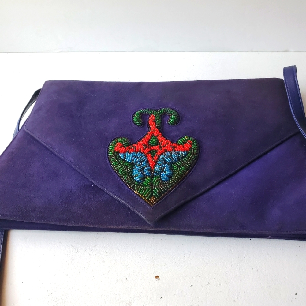 Vintage Charles Jourdan Paris  Purple Suede and Leather Shoulder Bag . - Picture 3 of 8